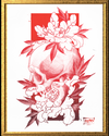 Framed artwork of a skull with floral elements on a white background