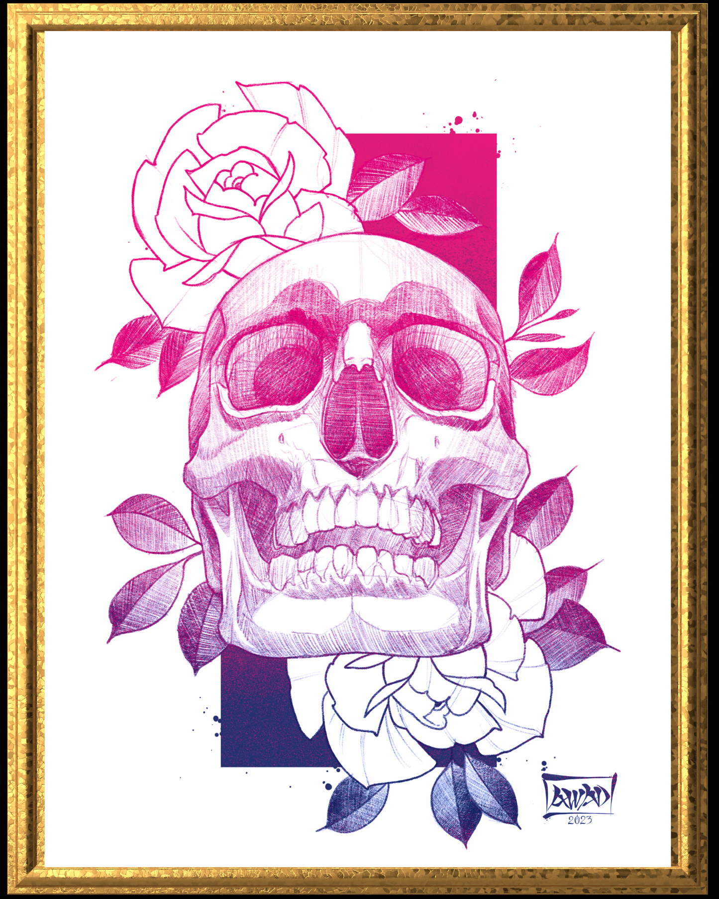 Framed artwork of a skull with pink and purple roses on a white background