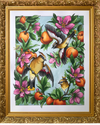 Decorative painting of birds and flowers in a gold frame