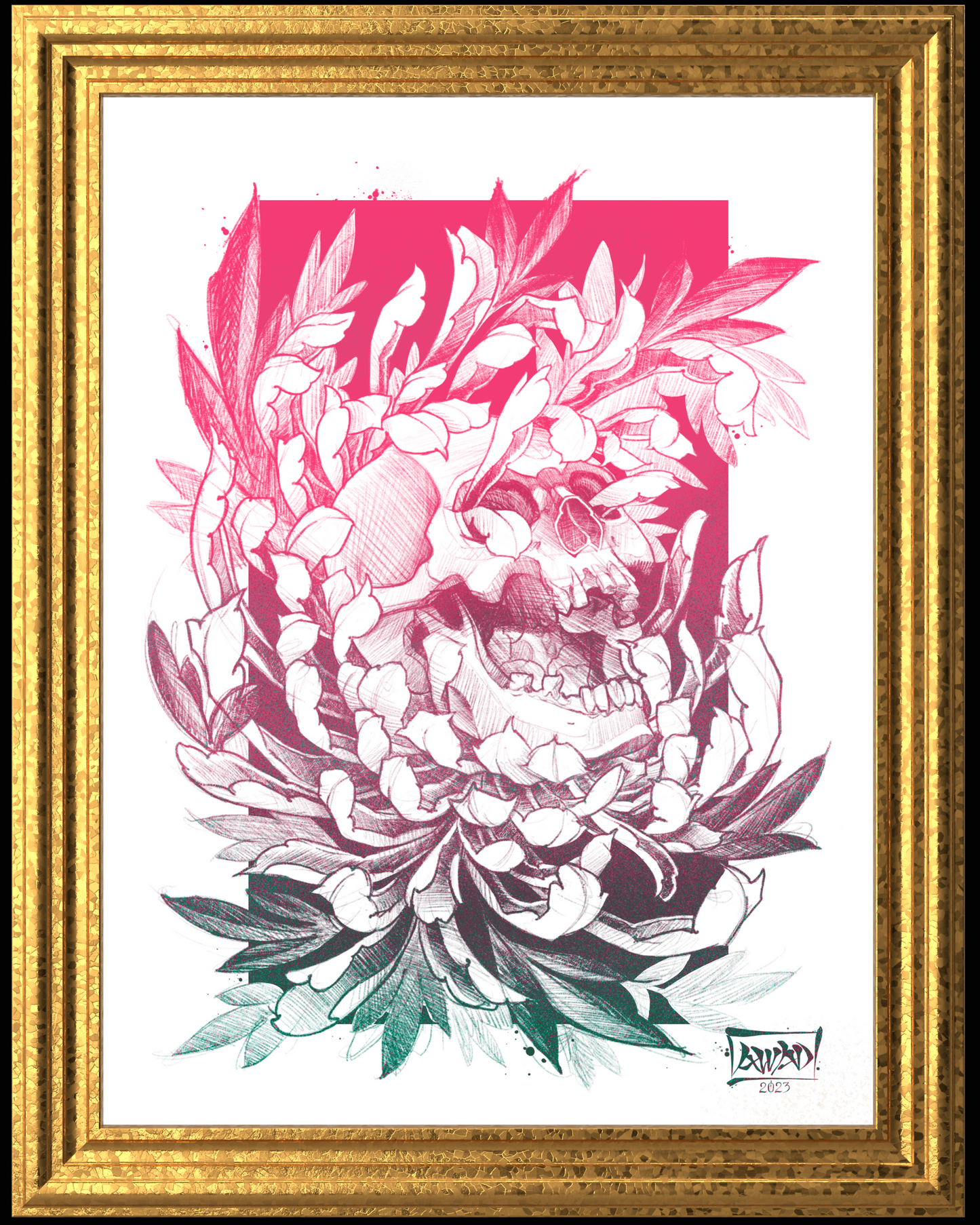 Framed artwork of a skull surrounded by flowers and leaves with a gold frame.