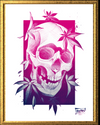 Framed artwork of a skull with pink flowers and leaves on a white background