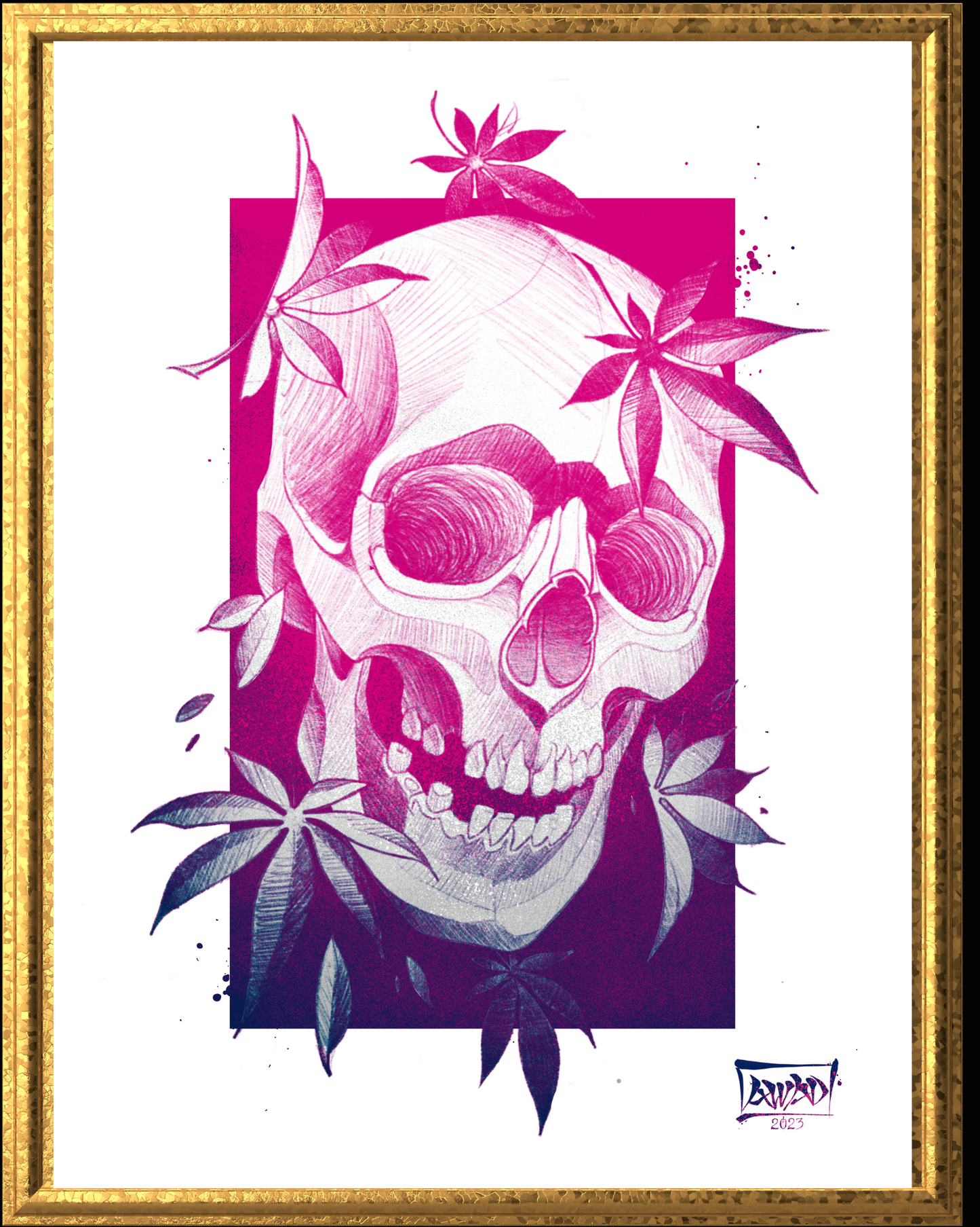 Framed artwork of a skull with pink flowers and leaves on a white background