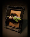 Decorative item with feathers and baby doll hand in a dark wooden frame on a brown background