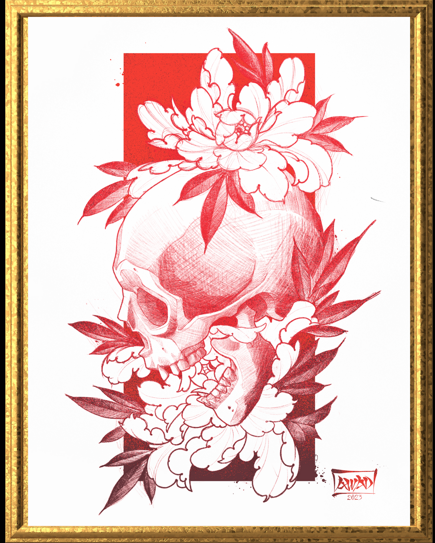 Framed artwork of a skull with floral elements on a white background