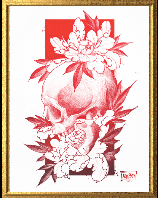 Framed artwork of a skull with floral elements on a white background