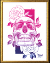 Framed artwork of a skull with pink and purple roses on a white background