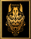 Gold tattoo design of a mask with 'Waxing Tattoo Company' text on a black background