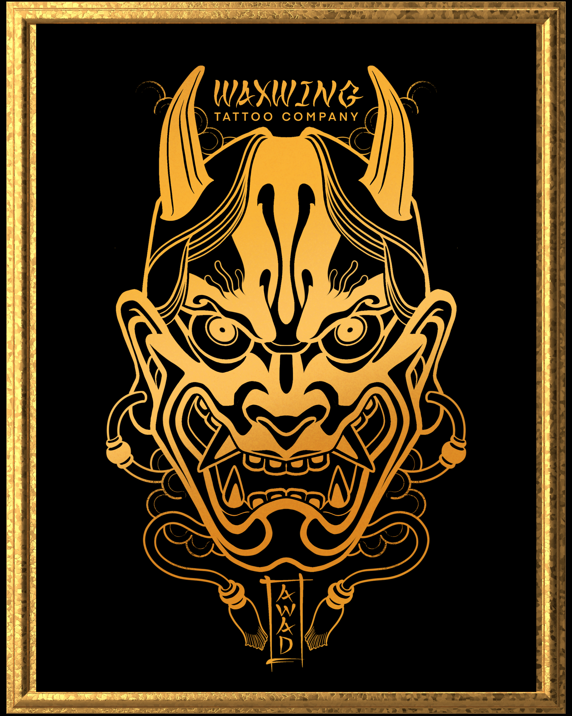 Gold tattoo design of a mask with 'Waxing Tattoo Company' text on a black background