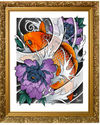 Framed artwork with koi fish and flowers on a white background
