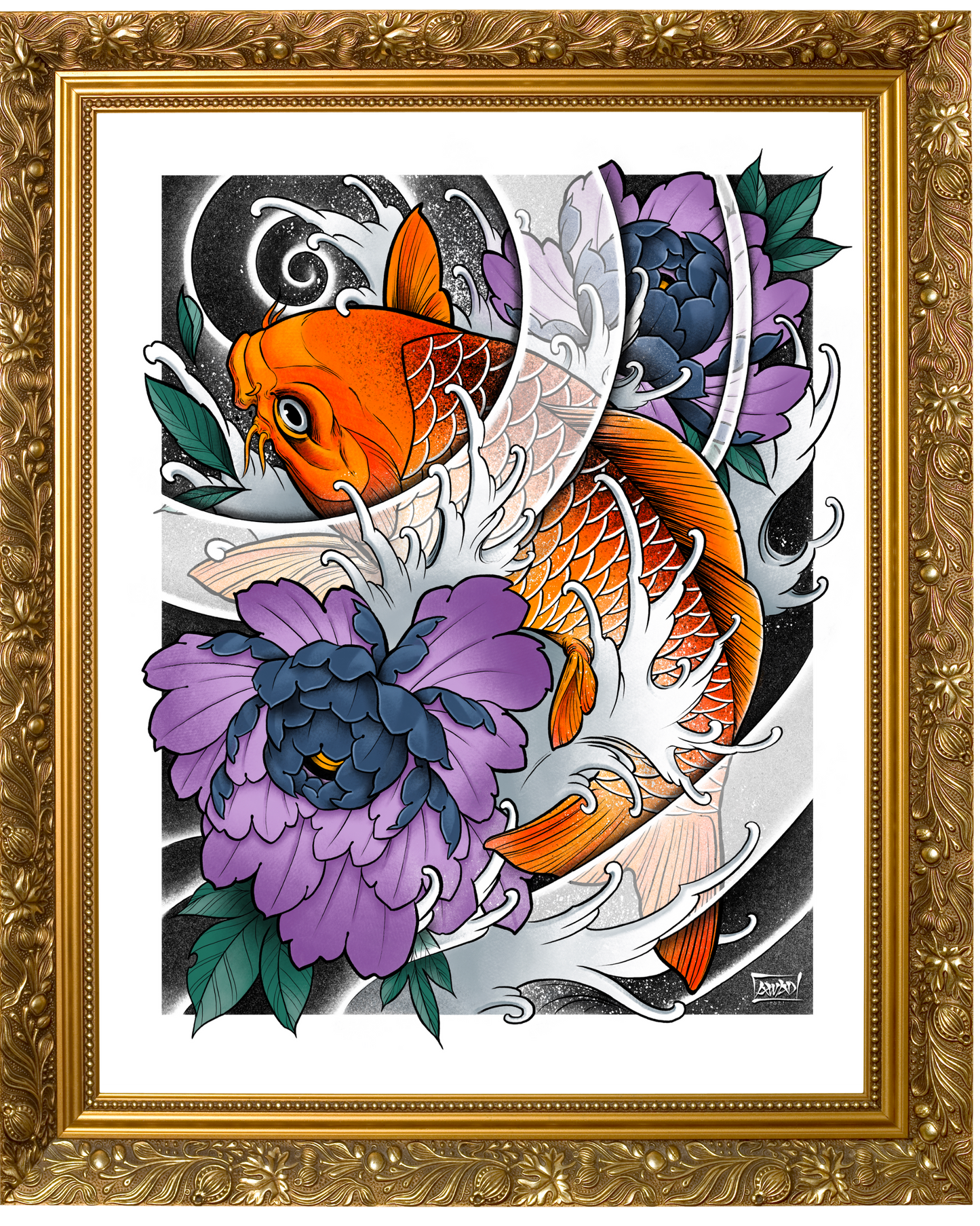 Framed artwork with koi fish and flowers on a white background