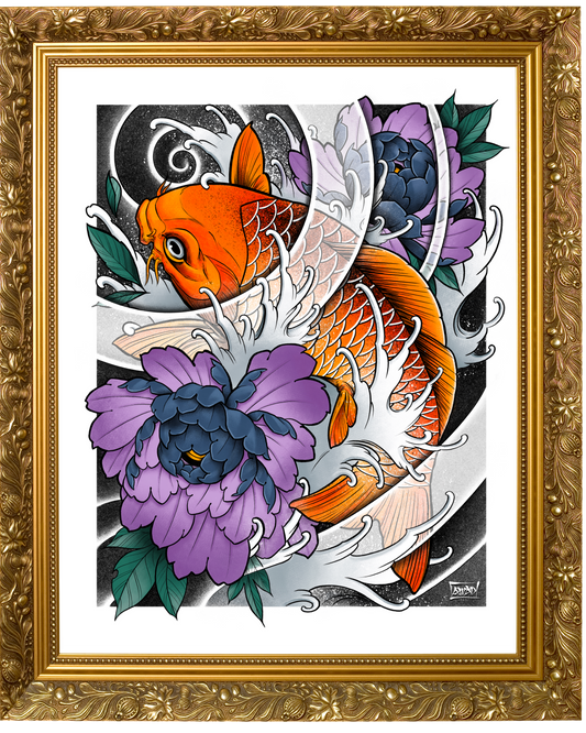 Framed artwork with koi fish and flowers on a white background