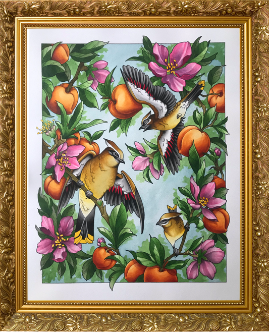 Decorative painting of birds and flowers in a gold frame