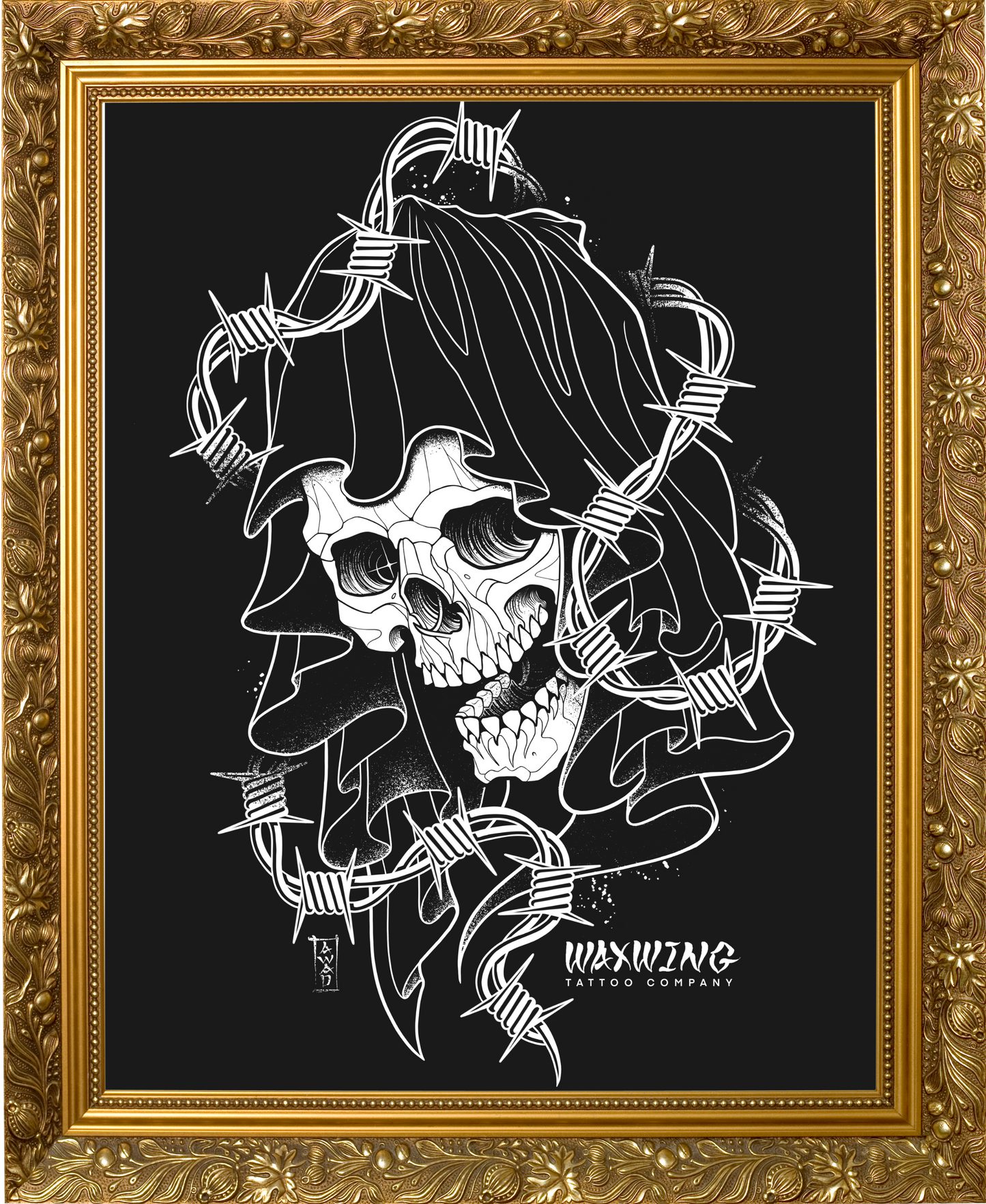 Framed artwork of a skull with barbed wire against a black background