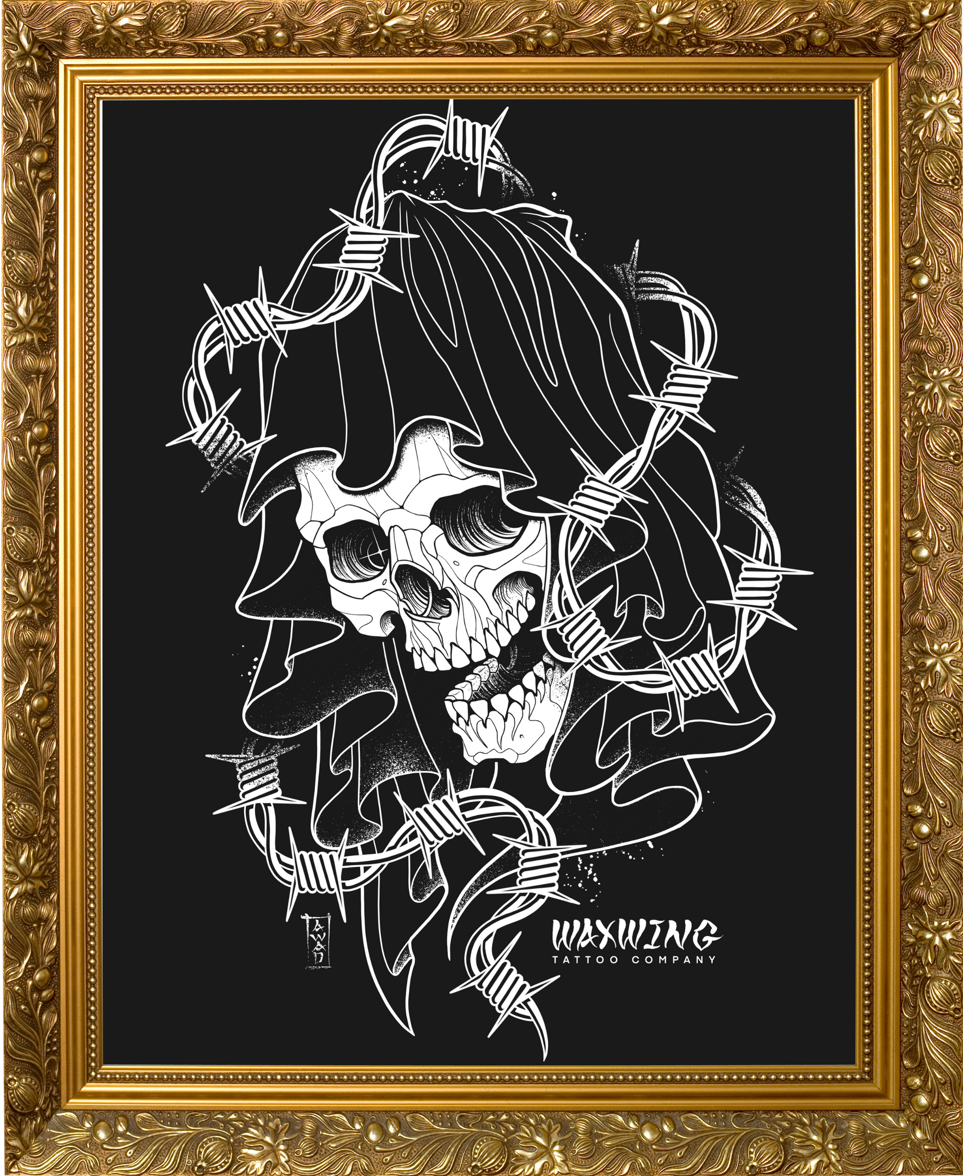 Framed artwork of a skull with barbed wire against a black background