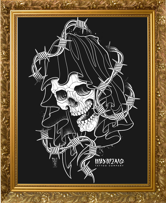 Framed artwork of a skull with barbed wire against a black background