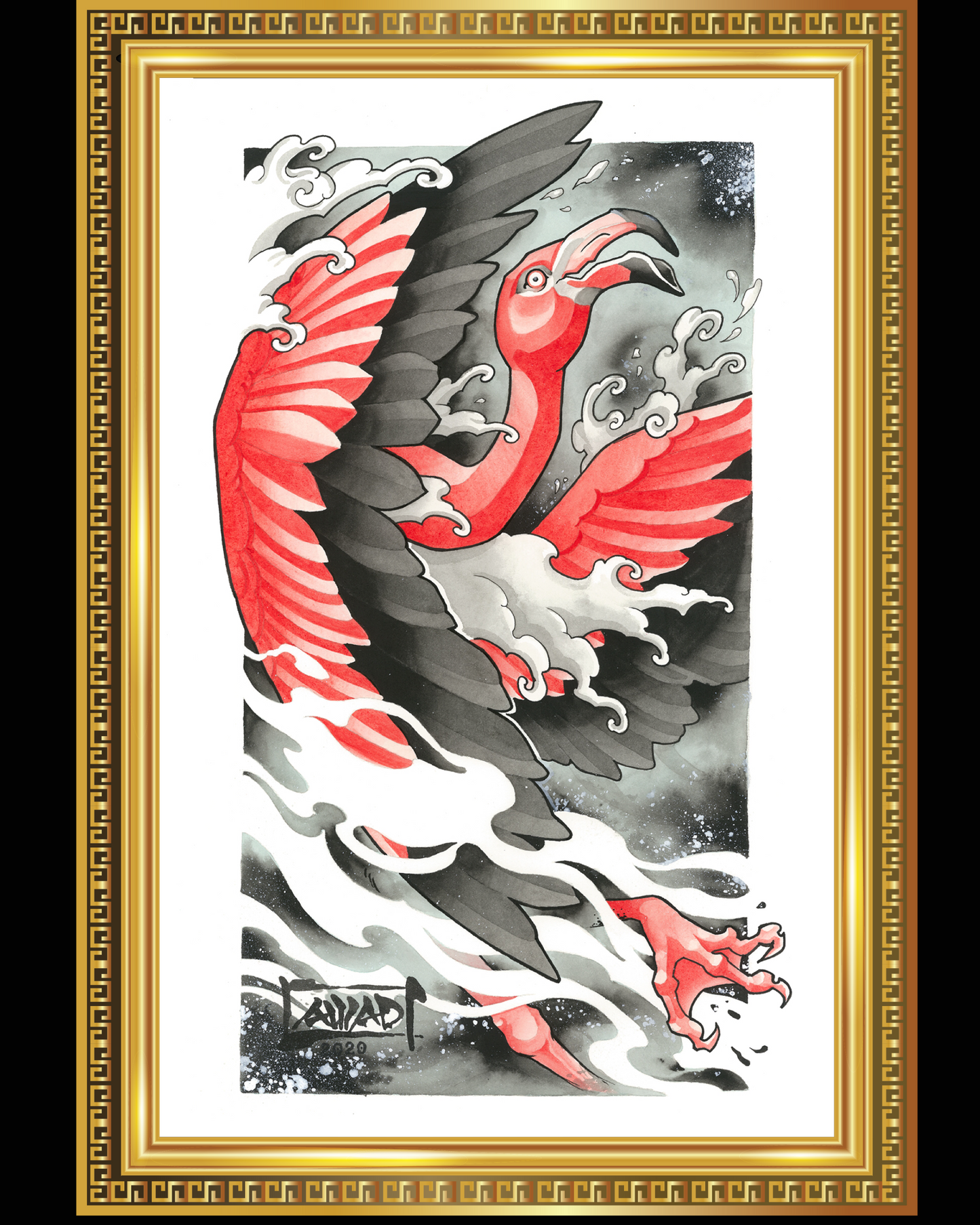 Framed artwork of a red and black bird with gold frame