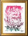 Framed artwork of a skull surrounded by flowers and leaves with a gold frame.
