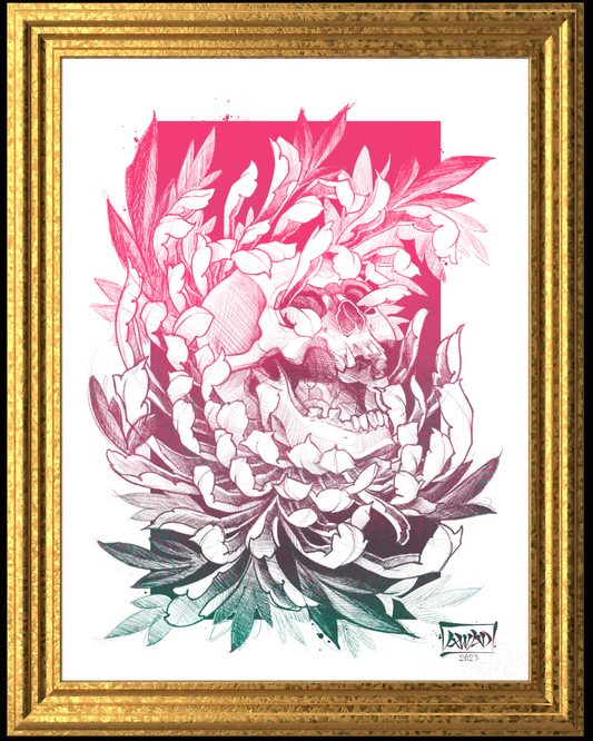 Framed artwork of a skull surrounded by flowers and leaves with a gold frame.