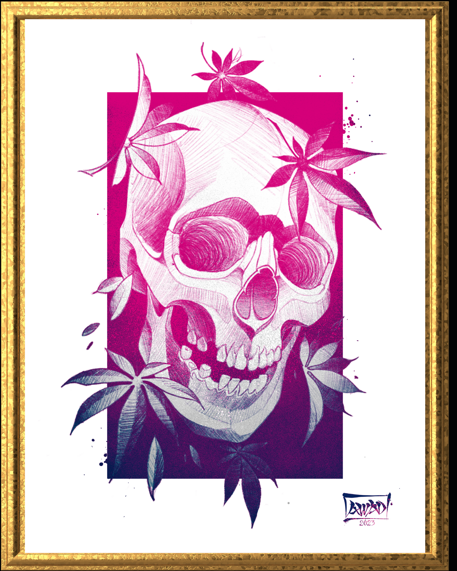 Framed artwork of a skull with pink flowers and leaves on a white background