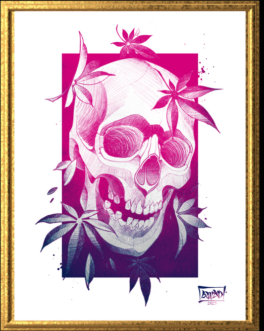 Framed artwork of a skull with pink flowers and leaves on a white background