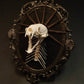 Decorative wall piece with a skeleton in an ornate frame on a dark background
