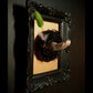  AN black frame featuring a nest and feathers, with a baby doll hand