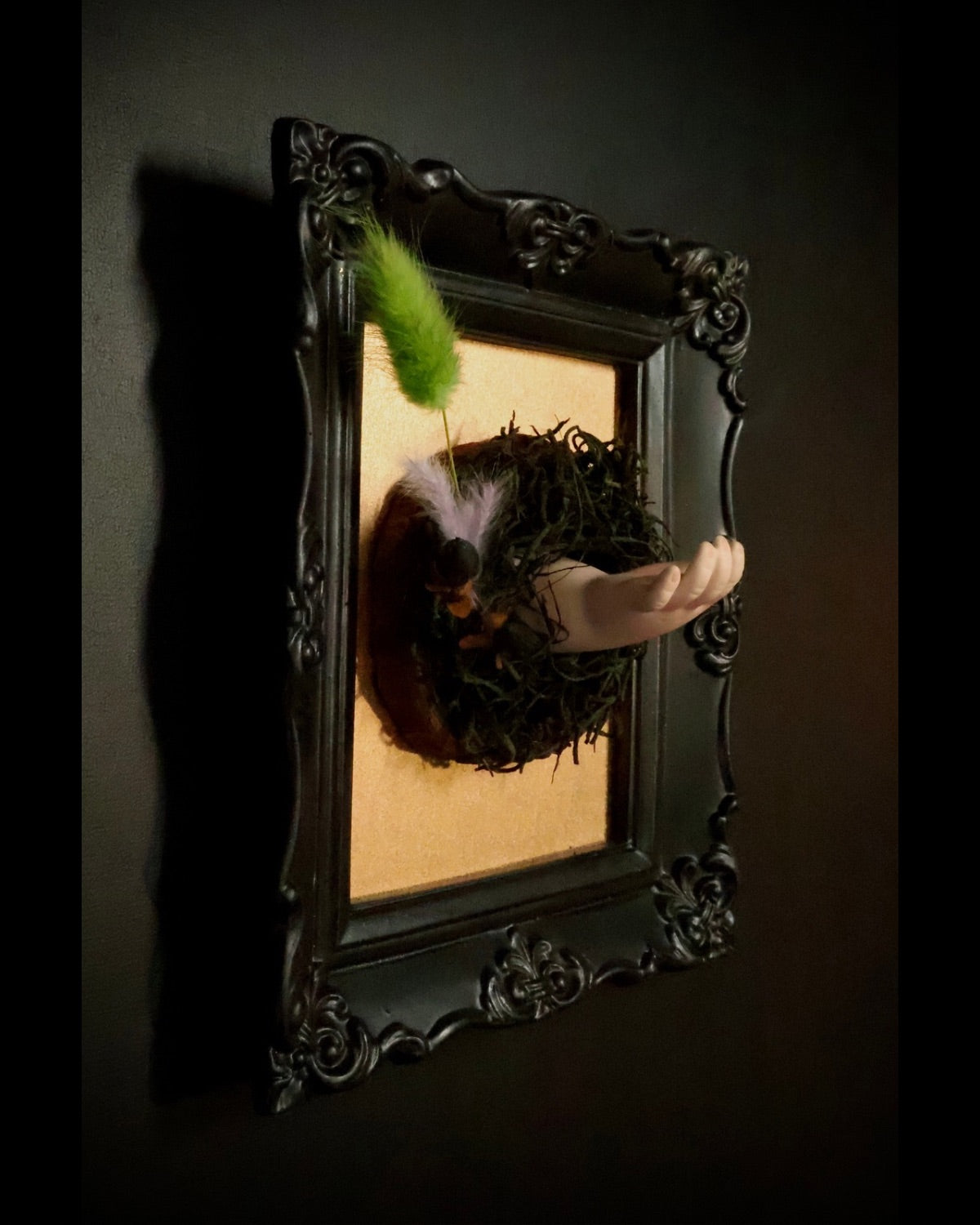  AN black frame featuring a nest and feathers, with a baby doll hand